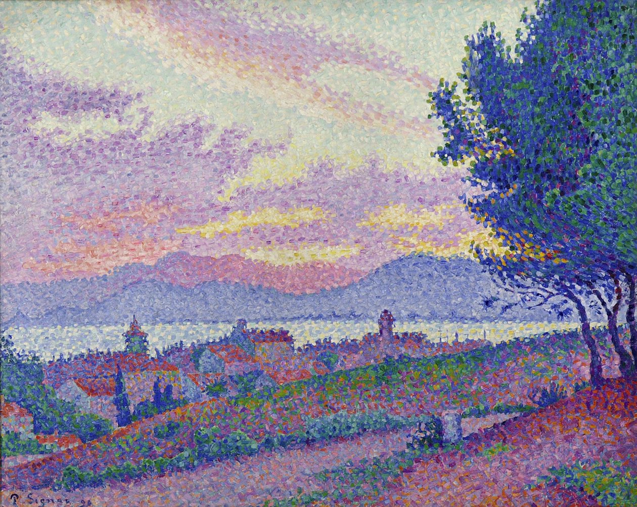 Vista de Saint-Tropez, pôr do sol sobre pinhais, 1896. de Paul Signac