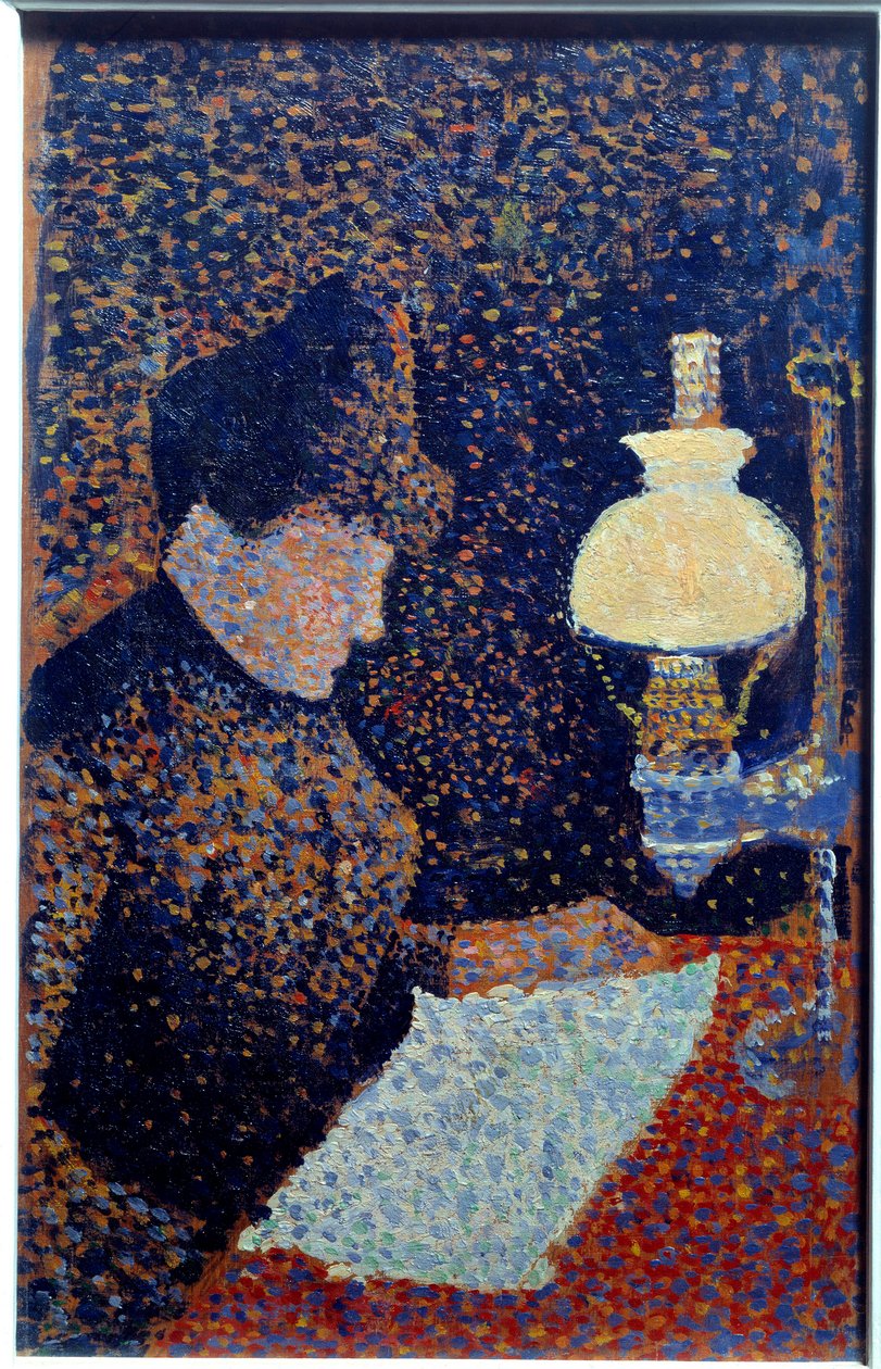 Mulher sob a lâmpada. Pontilhismo. Pintura de Paul Signac de Paul Signac