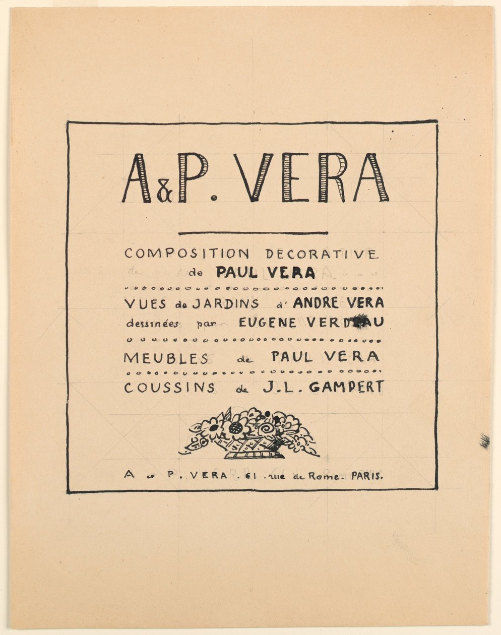 Desenho, página de título, A & P Vera, composição decorativa de Paul Vera/Vistas de André Vera desenhadas por Eugène Verdeau/Mobiliário de Paul Vera/Cushions de J. L. Gampert, 1912-19 de Paul Vera