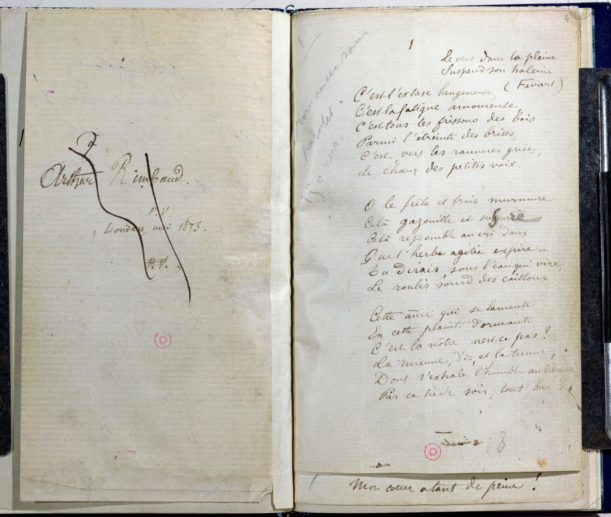 Páginas manuscritas de &39;Romances Sans Paroles&39; com dedicação riscada a Arthur Rimbaud, 1873 de Paul Verlaine
