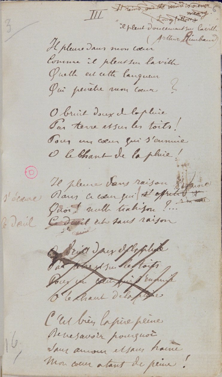 &39;Chora no meu coração, como chove na cidade ...&39;, poema manuscrito de &39;Romances Without Words&39;, 1873 (caneta e tinta no papel) de Paul Verlaine
