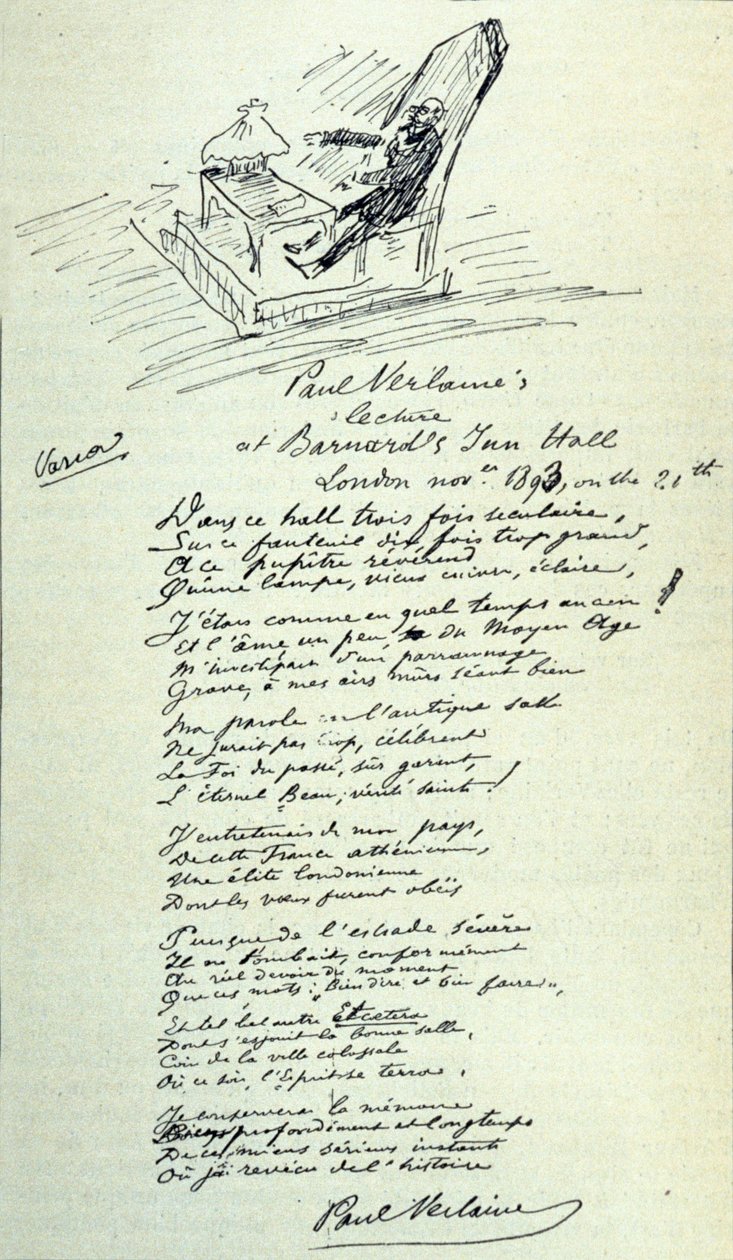 Sinal poético do poeta francês Paul Verlaine (1844-1896) com esboço do representante durante uma leitura. 21/11/1893 de Paul Verlaine