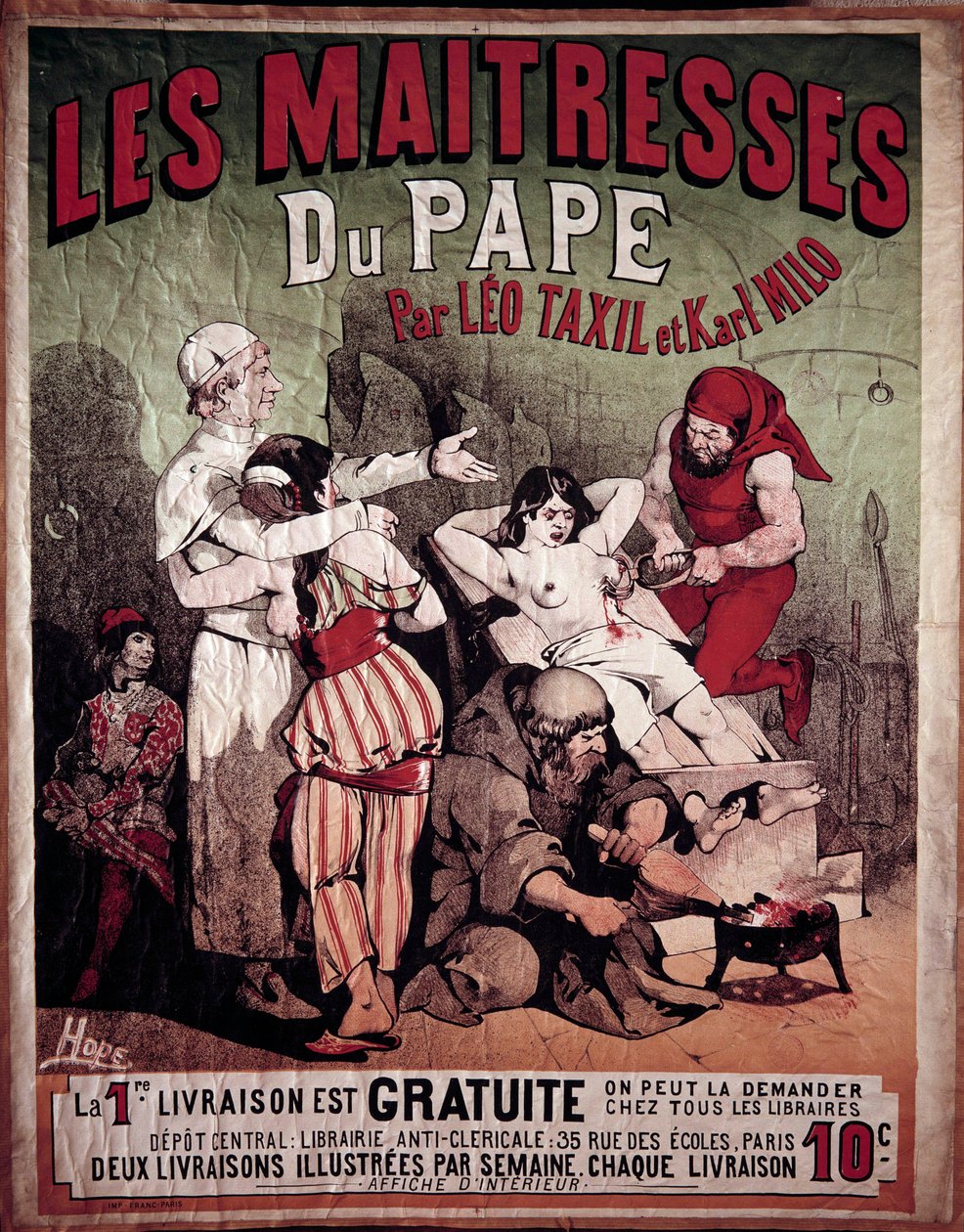 Cartaz para "As Maitres do Papa" de Leo Taxil (1854-1907) e Karl Milo, livro anticlerical de 1884. Uma mulher é representada torturada no pelourinho, um carrasco perfura-lhe o peito. Ilustração de Hode, século XX. Coleção particular de Paul Verlaine