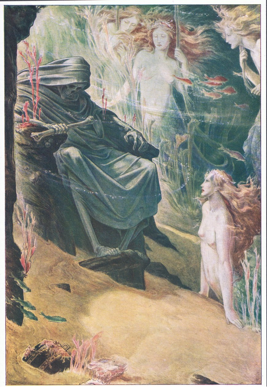 Full fathom cinco teu pai mentiras: de seus ossos são feitos de corais, ilustração de The Tempest, 1908 de Paul Vincent Woodroffe