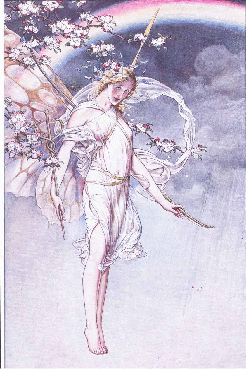 A Rainha do Céu, cujo arco aquoso e bagunça e eu, aguardamos a saída deles, ilustração de The Tempest, 1908 de Paul Vincent Woodroffe