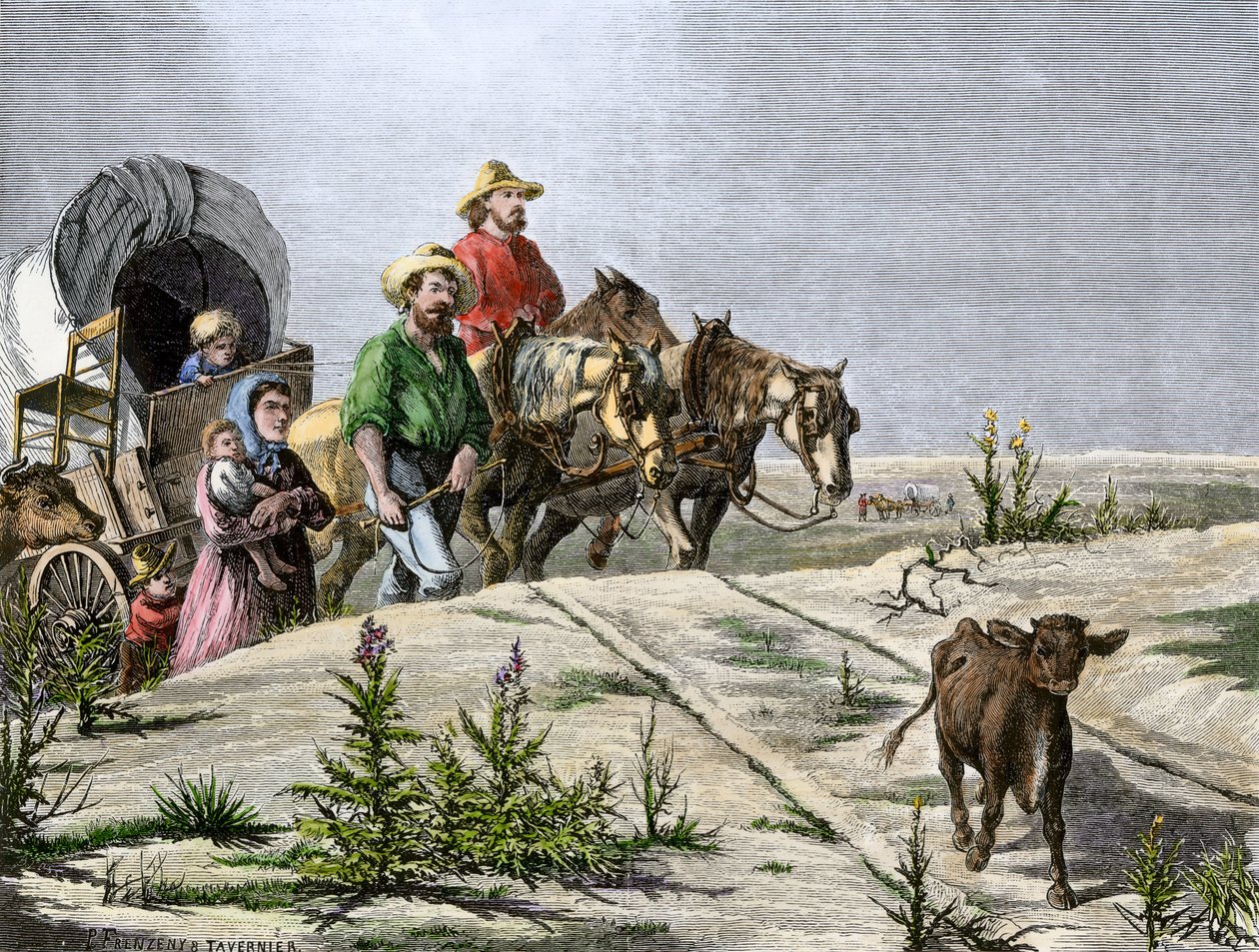 História dos colonos de Conquete Oeste: Pioneiros americanos. "Arkansas pelerins" uma família atravessa as Grandes Planícies numa diligência. Gravura colorida do século XIX. de Paul and Tavernier Jules (1844-99) Frenzeny