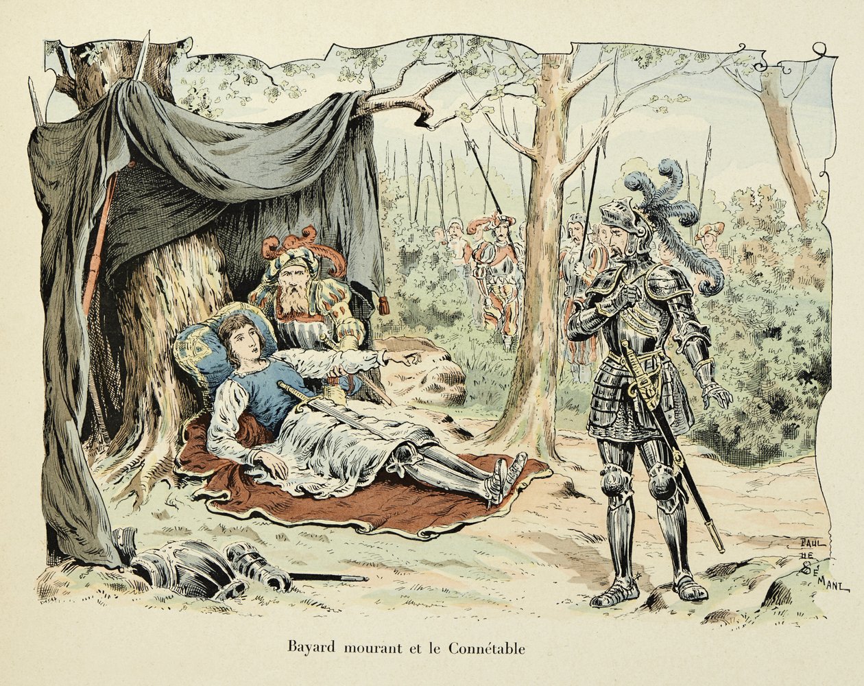 Ilustração retirada do livro "Histoire du chevalier Bayard", de Theodore Cahu, ilustrado por Paul De Semant (1855-1915): Bayard morrendo e Le Connetable de Bourbon 1524 de Paul de Semant