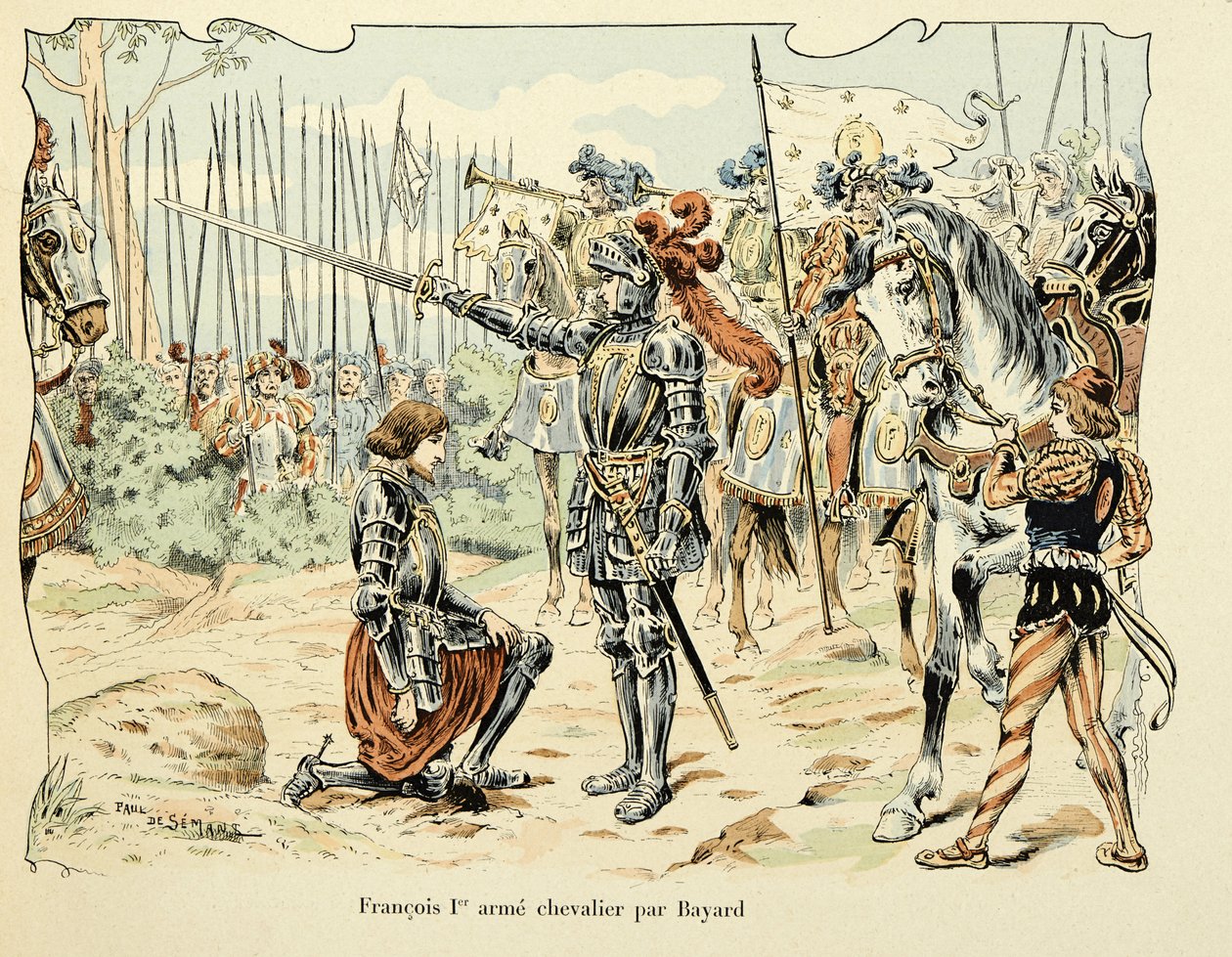 Ilustração retirada do livro "Histoire du chevalier Bayard", de Theodore Cahu, ilustrado por Paul De Semant (1855-1915): François 1, er arme chevalier par Bayard 1515 de Paul de Semant