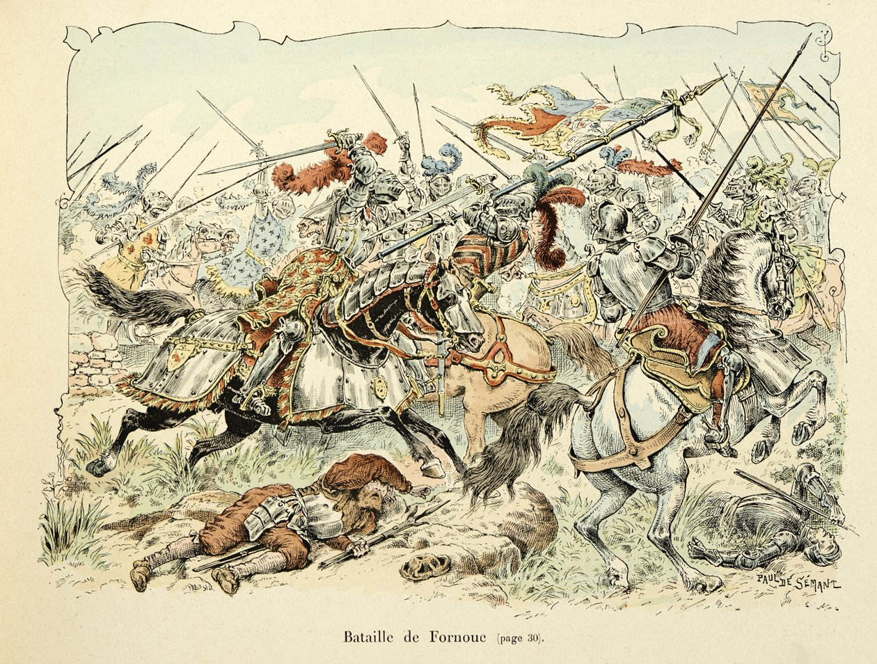 Ilustração retirada do livro "Histoire du chevalier Bayard", de Theodore Cahu, ilustrado por Paul De Semant (1855-1915): Batalha de Fornoua 1495 de Paul de Semant