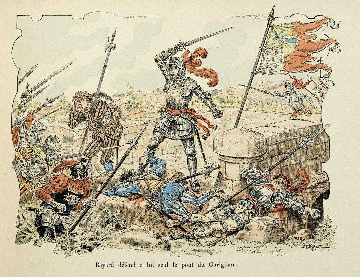 Ilustração retirada do livro "Histoire du chevalier Bayard", de Theodore Cahu, ilustrado por Paul De Semant (1855-1915): Bayard defende apenas a ponte de Garigliano 1504 de Paul de Semant