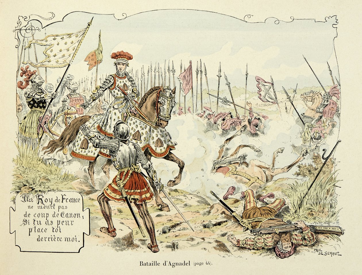 Ilustração retirada do livro "Histoire du chevalier Bayard", de Theodore Cahu, ilustrado por Paul De Semant (1855-1915): A Batalha de Agnadel 1509 de Paul de Semant