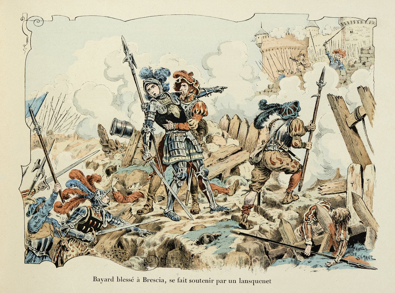 Ilustração retirada do livro "Histoire du chevalier Bayard", de Theodore Cahu, ilustrado por Paul De Semant (1855-1915): Bayard feriu um Brescia apoiado por um lansquenet 1512 de Paul de Semant