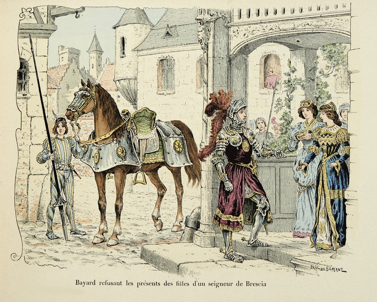 Ilustração retirada do livro "Histoire du chevalier Bayard" de Theodore Cahu, ilustrado por Paul De Semant (1855-1915): Bayard recusando os presentes das filhas de um senhor de Brescia 1512 de Paul de Semant