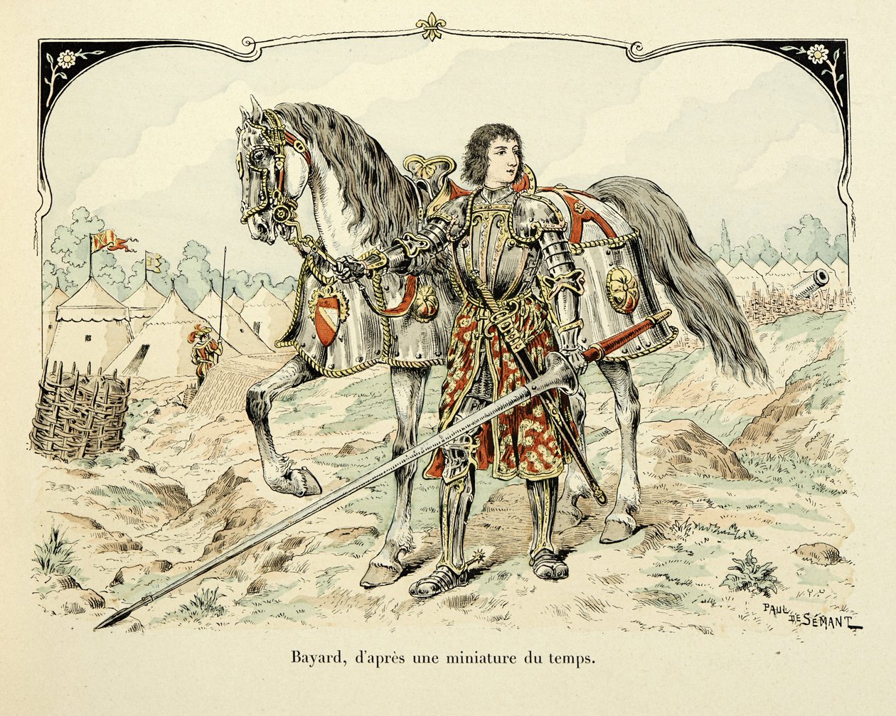 Ilustração retirada do livro "Histoire du chevalier Bayard" de Theodore Cahu, ilustrado por Paul De Semant (1855-1915): Retrato de Bayard depois de uma miniatura da época de Paul de Semant