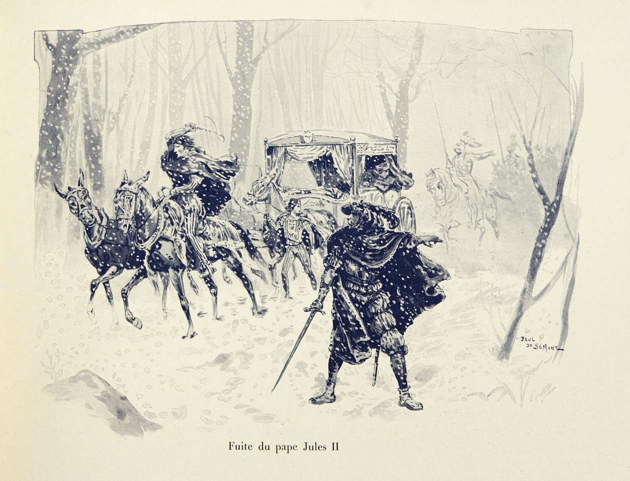 Ilustração retirada do livro "Histoire du chevalier Bayard" de Theodore Cahu, ilustrado por Paul De Semant (1855-1915): Vôo do Papa Júlio II de Paul de Semant