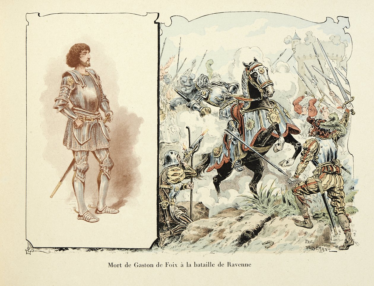 Ilustração retirada do livro "Histoire du chevalier Bayard" de Theodore Cahu, ilustrado por Paul De Semant (1855-1915): Morte de Gaston de Foix (1489-1512) na Batalha de Ravenna de Paul de Semant