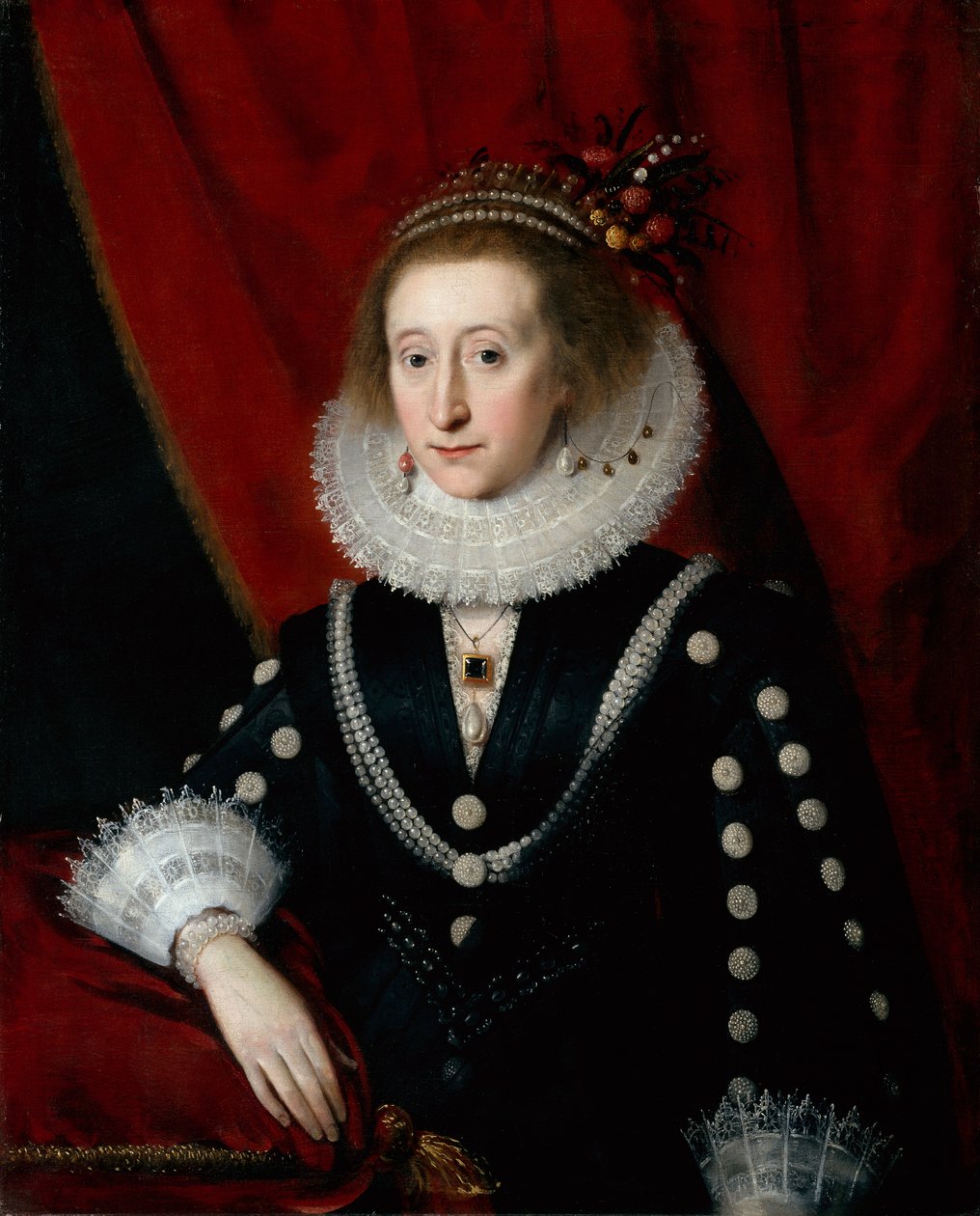 Retrato de uma senhora que se pensa ser Lucy Harington (óleo sobre tela) de Paul van (circle of) Somer