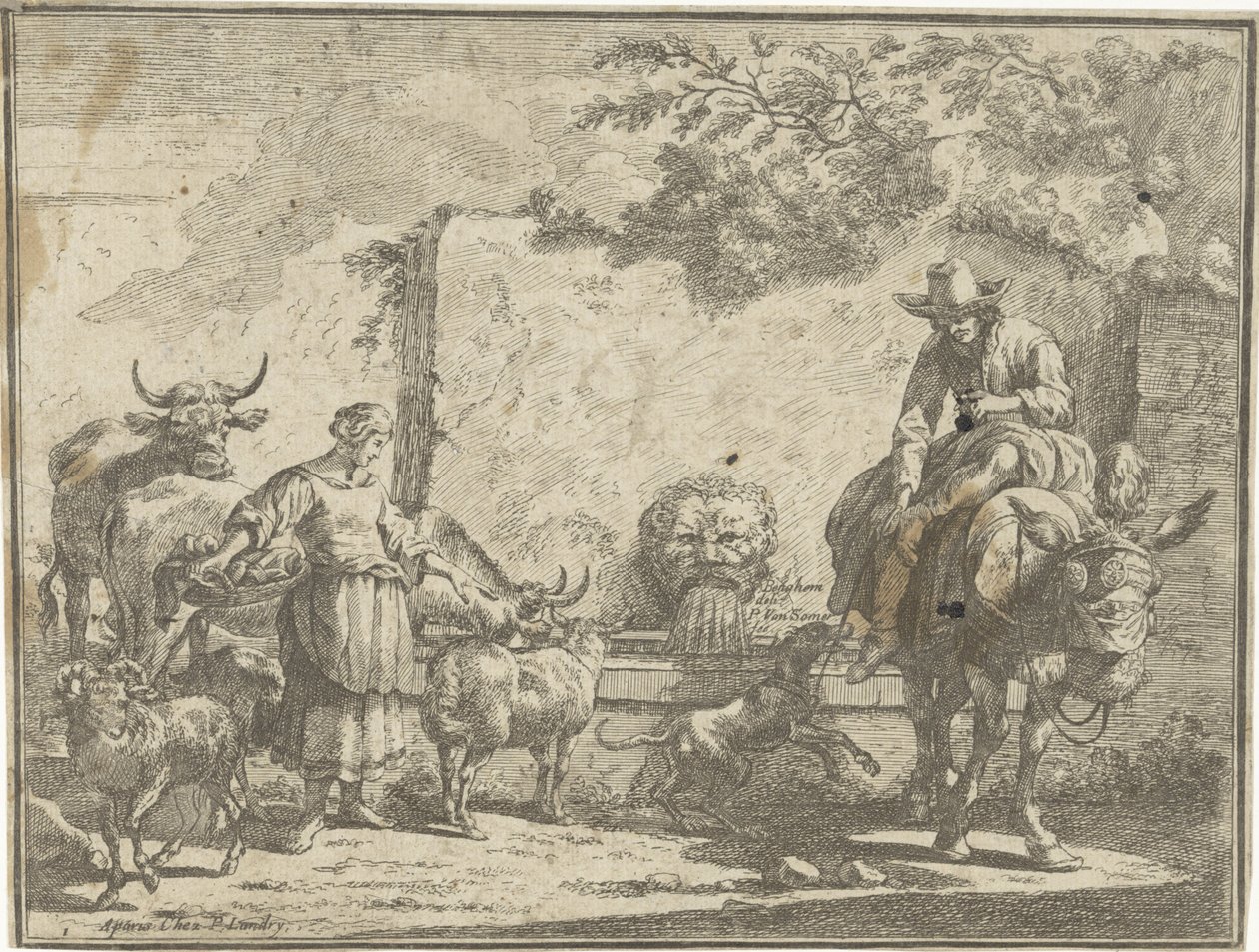 Mulher e um homem em um burro por uma fonte de água Paisagens Pastorais (título da série) de Paul van Somer (II)