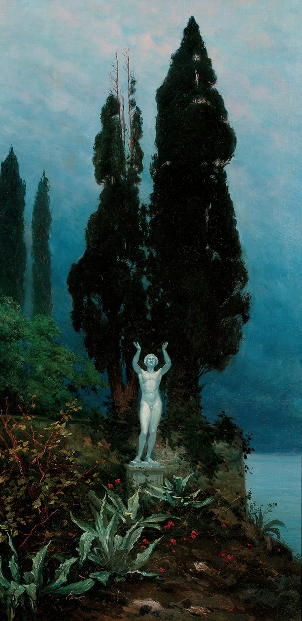 Uma estátua na paisagem de um lago de Paul von Spaun