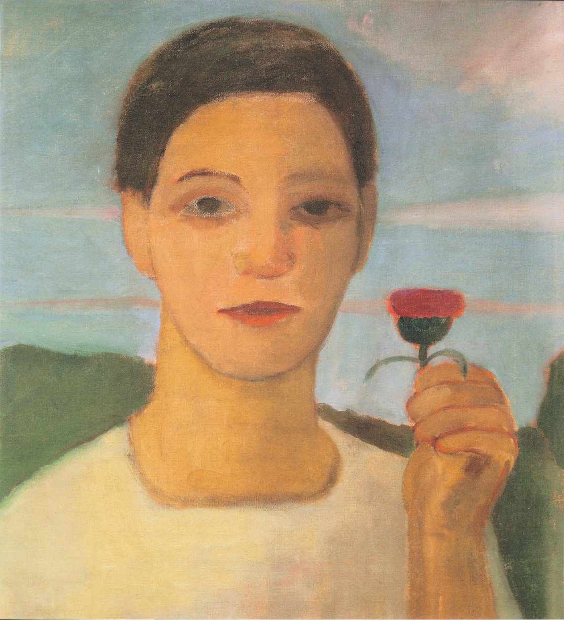 Retrato, de, irmã, herma, com, alcachofra, flor, em, levantado, mão de Paula Modersohn Becker