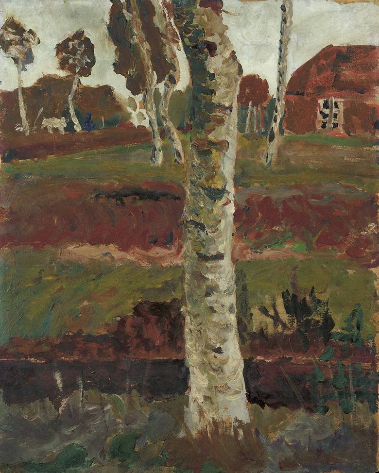 Tronco de bétula em Moorgraben na frente da paisagem com casa de Paula Modersohn Becker