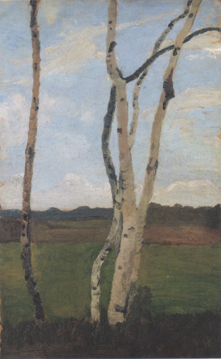 Troncos de bétula na frente da paisagem de Paula Modersohn Becker