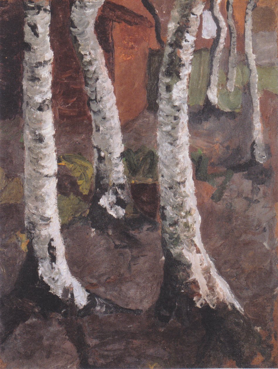 Troncos de bétula na frente da herdade vermelha de Paula Modersohn Becker