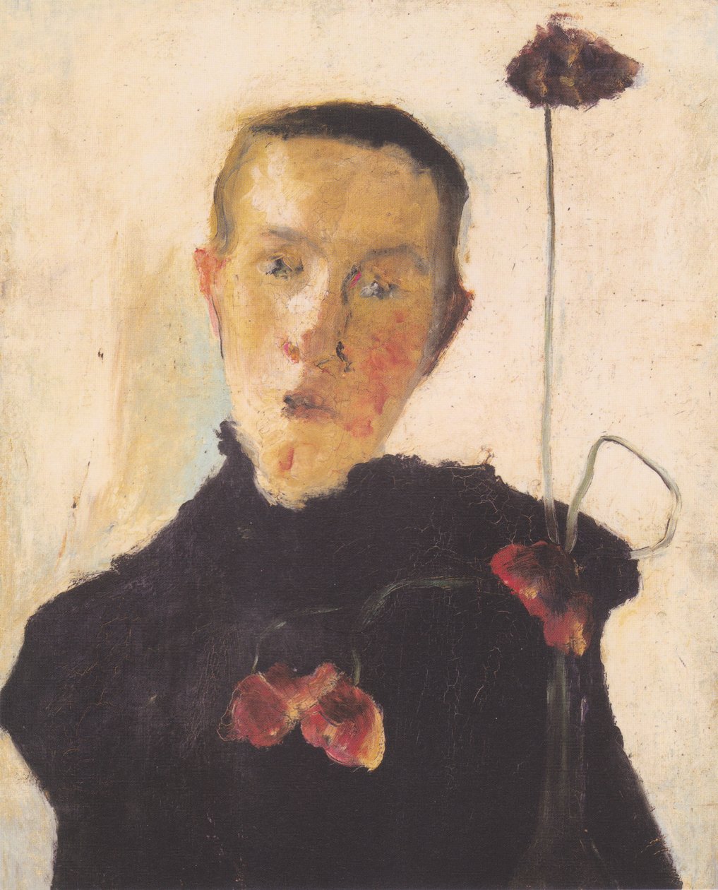 Meio comprimento, retrato, de, um, mulher, com, papoulas de Paula Modersohn Becker
