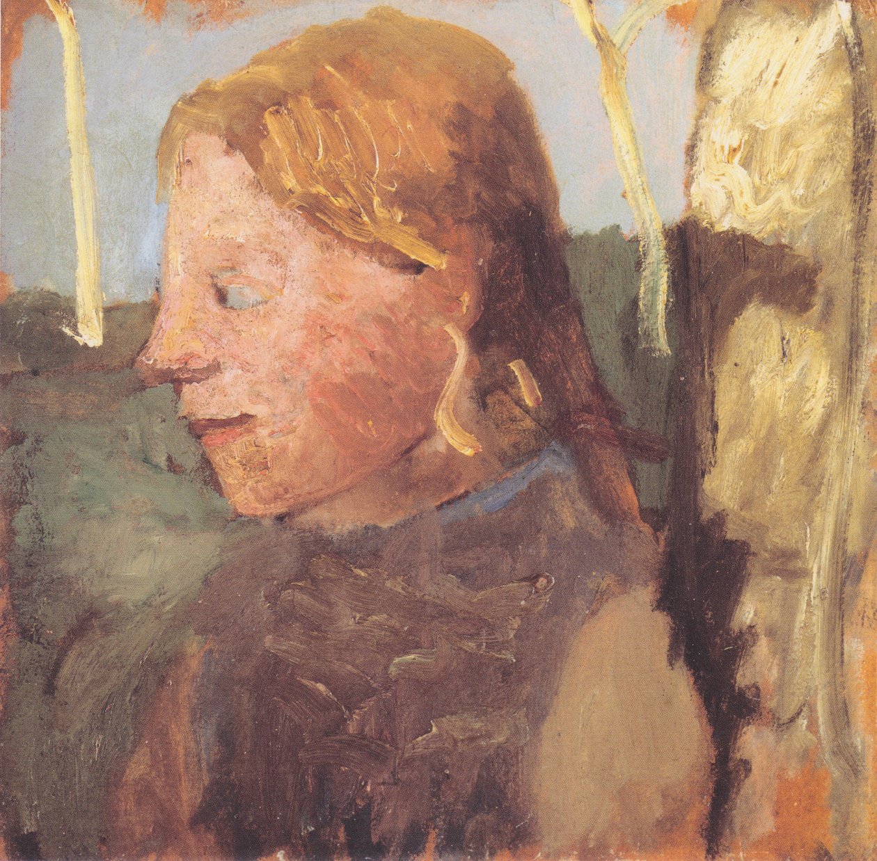 Meia retrato de uma menina no perfil ao lado de um tronco de bétula de Paula Modersohn Becker