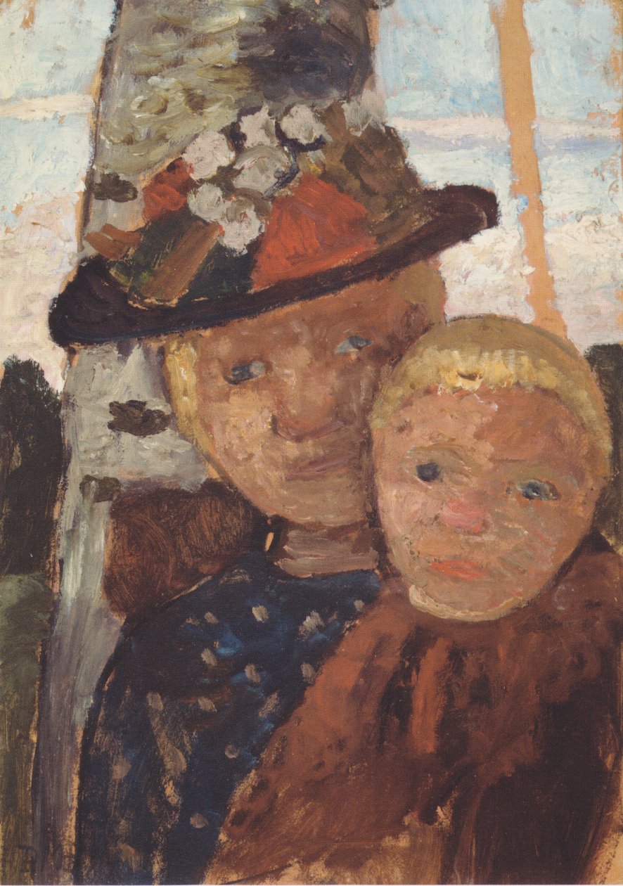 Meia retrato de uma menina com chapéu de flor e menino de Paula Modersohn Becker