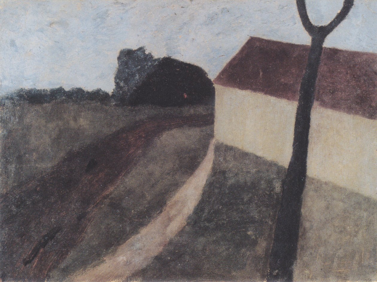 Paisagem de Crepúsculo com garfo casa e ramo de Paula Modersohn Becker