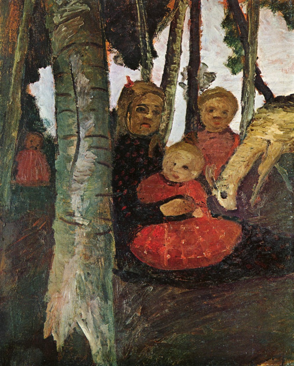 Três crianças, com, cabra, em, floresta vidoeiro de Paula Modersohn Becker