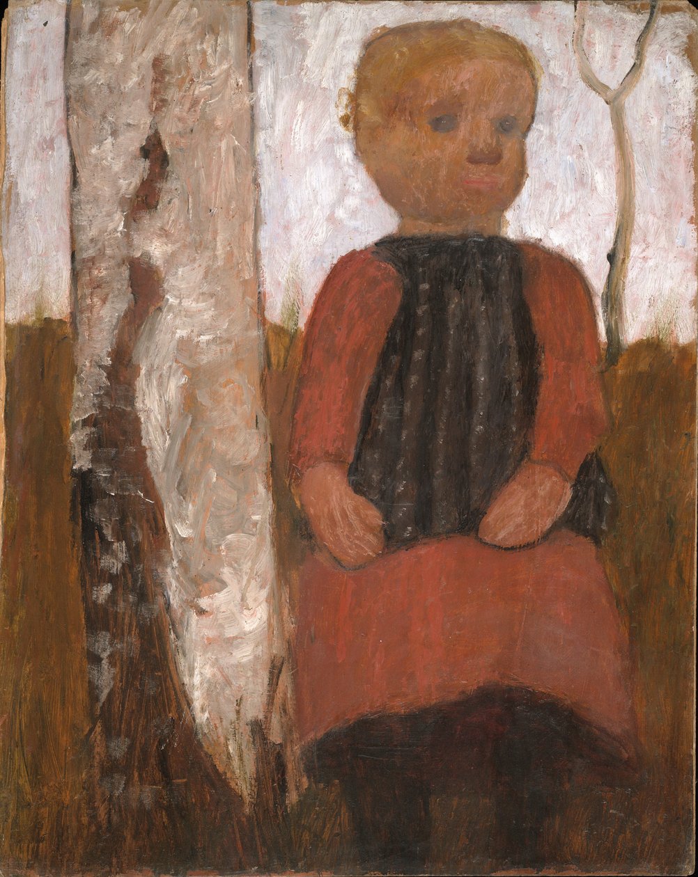 Criança, em, vestido vermelho, em, a, tronco vidoeiro de Paula Modersohn Becker