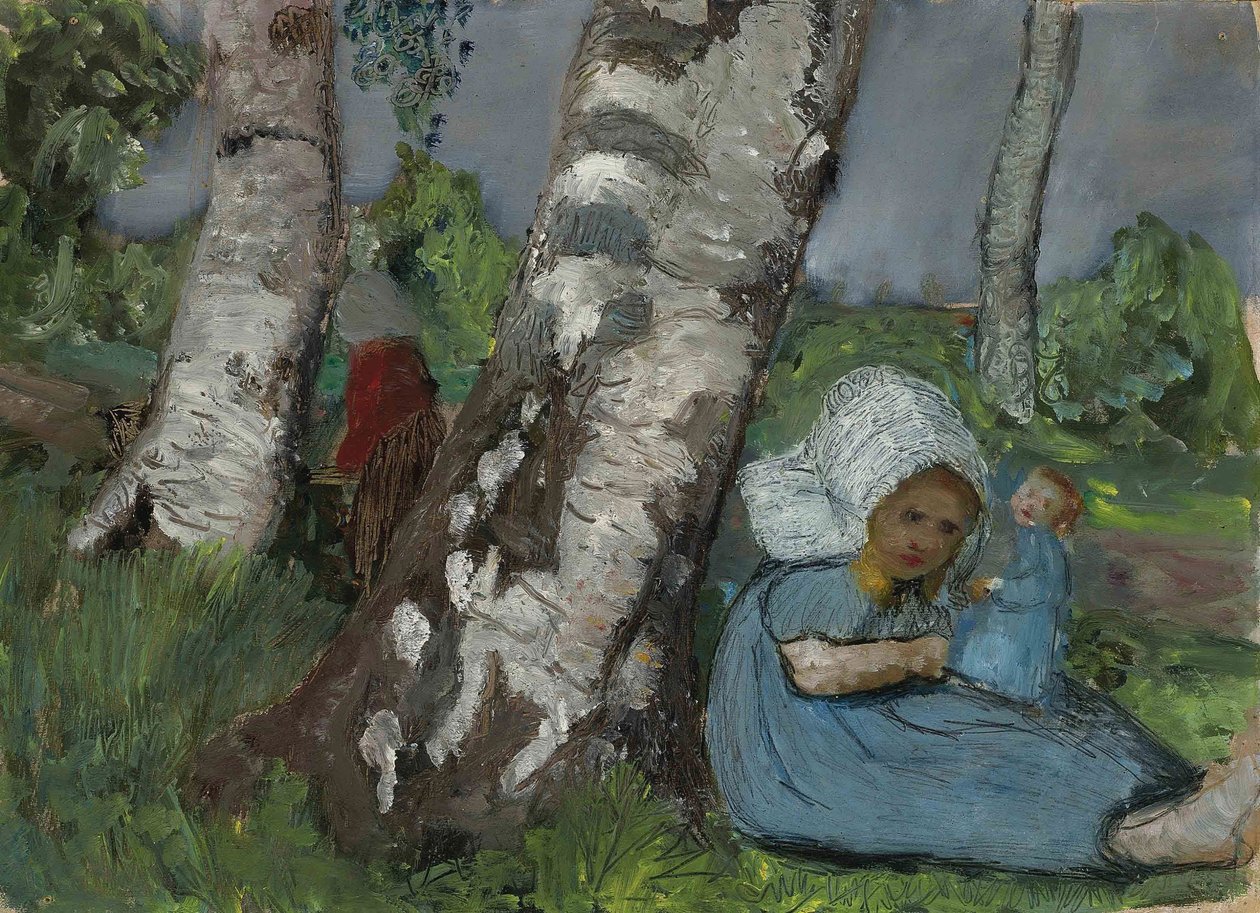 Criança, com, boneca, sentando, ligado, tronco vidoeiro de Paula Modersohn Becker