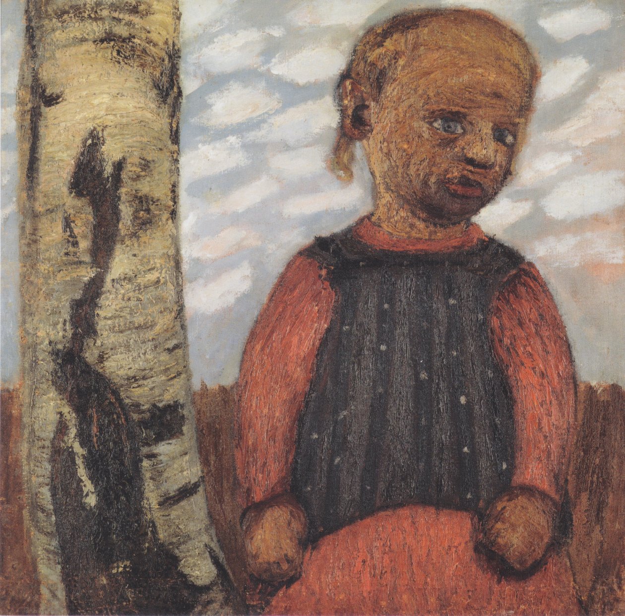 Menina, em, vestido vermelho, em, a, tronco árvore, frente, nuvem, céu de Paula Modersohn Becker
