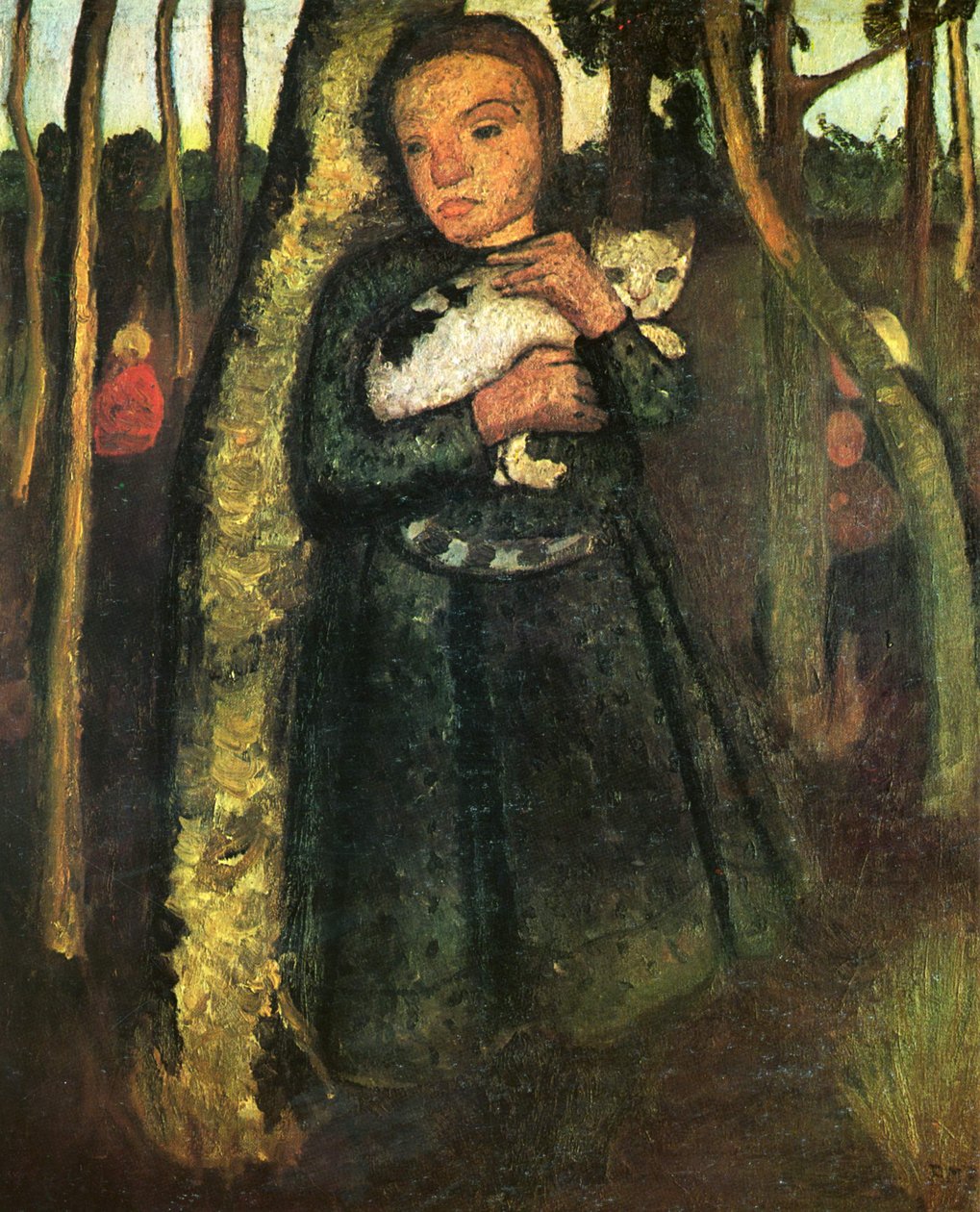 Menina, com, gato, em, a, vidoeiro, floresta de Paula Modersohn Becker