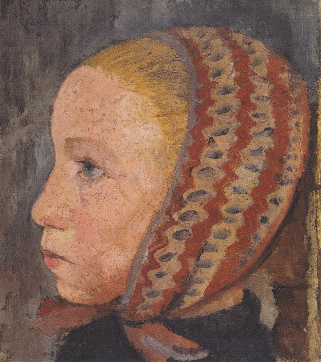 Cabeça da menina com tampa listrada no perfil para a esquerda de Paula Modersohn Becker