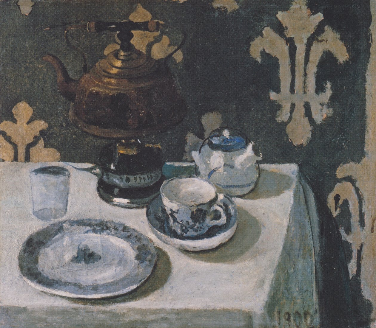 Ainda-vida com porcelana azul-branca e chaleira de Paula Modersohn Becker