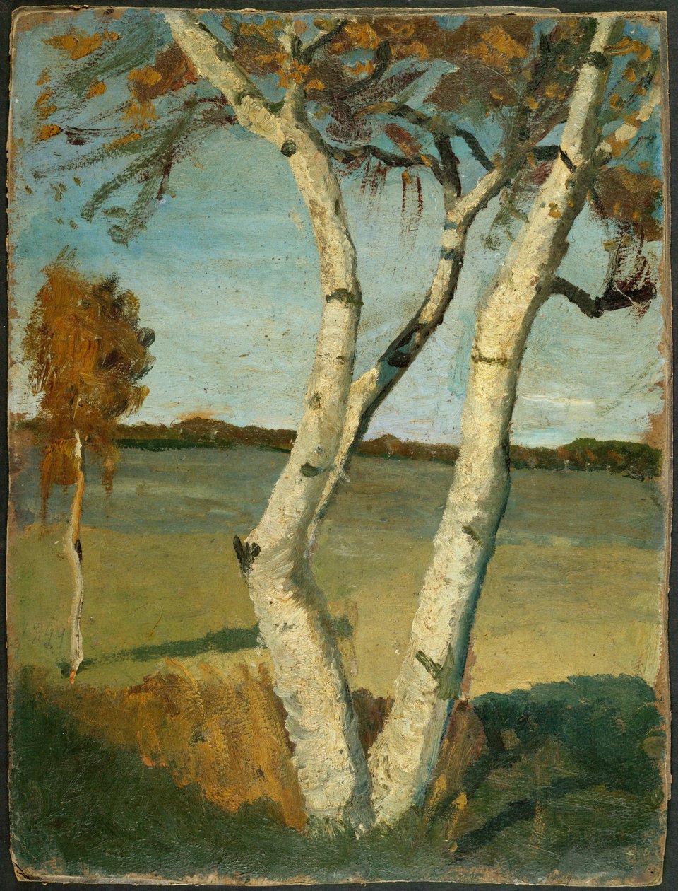 Bétula de duas hastes em frente à paisagem de Paula Modersohn-Becker