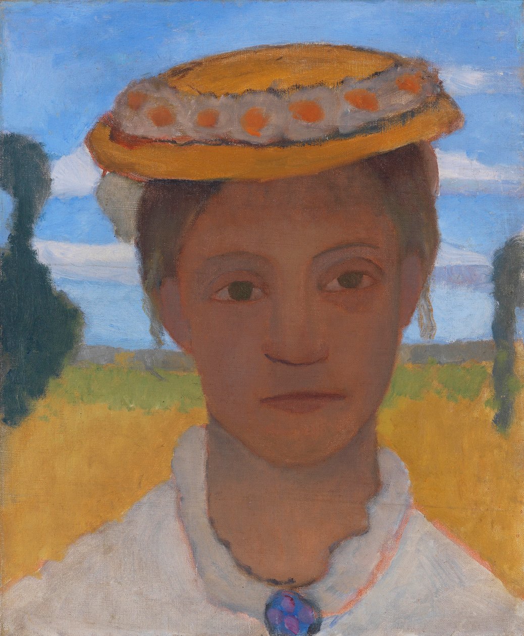 Irmã do artista Herma com uma coroa de margaridas em seu chapéu, cerca de 1901. de Paula Modersohn Becker