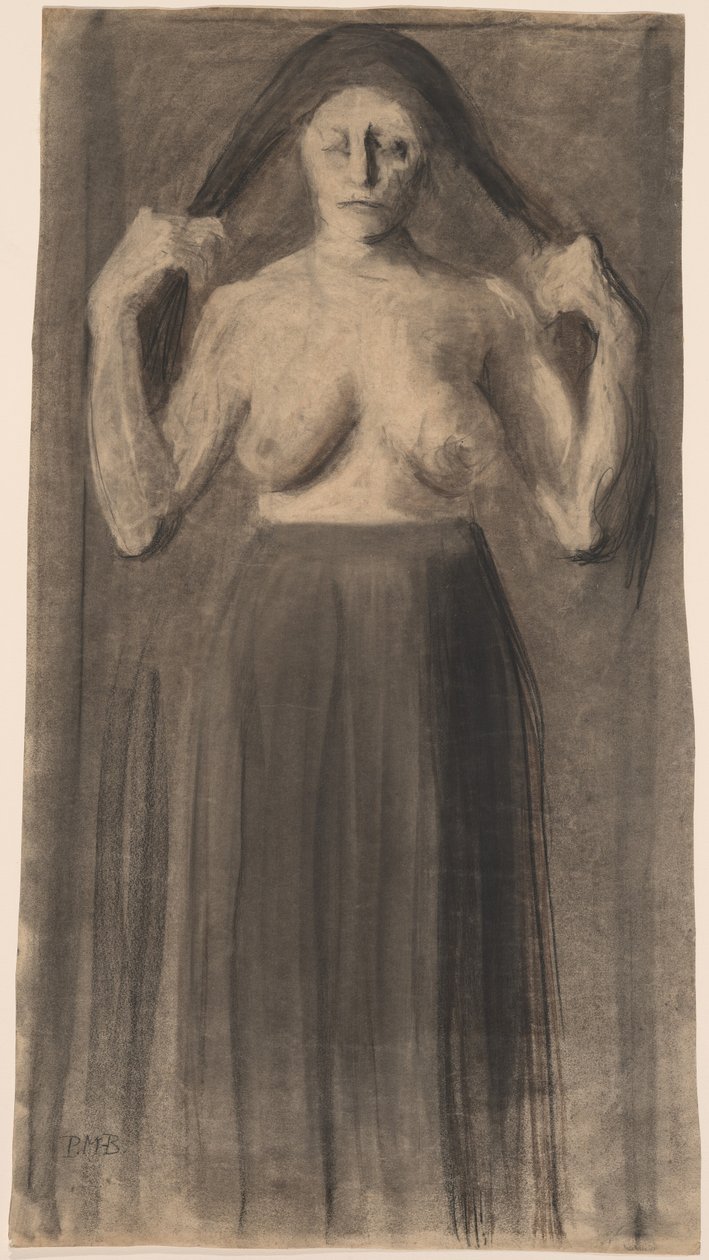 Mulher seminua segurando seu cabelo separado de Paula Modersohn Becker