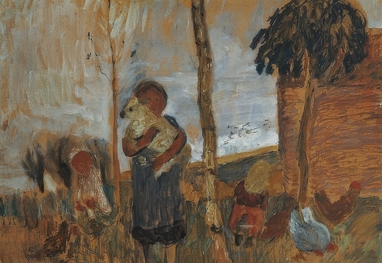 Crianças e galinhas na frente da paisagem. Por volta de 1902 de Paula Modersohn Becker