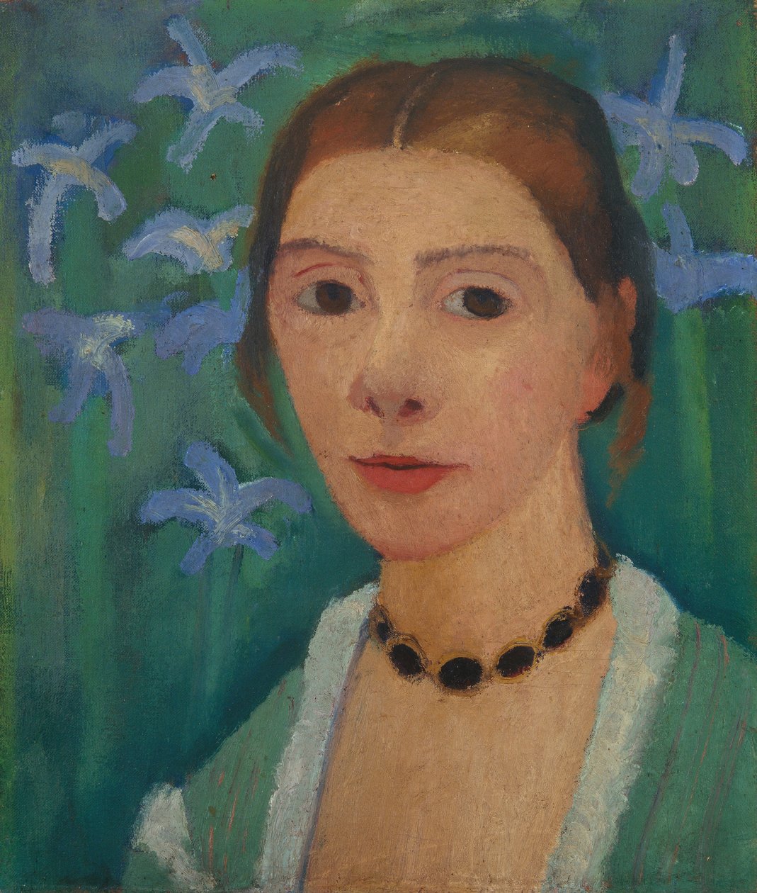 Autorretrato em frente a um fundo verde com uma íris azul de Paula Modersohn Becker