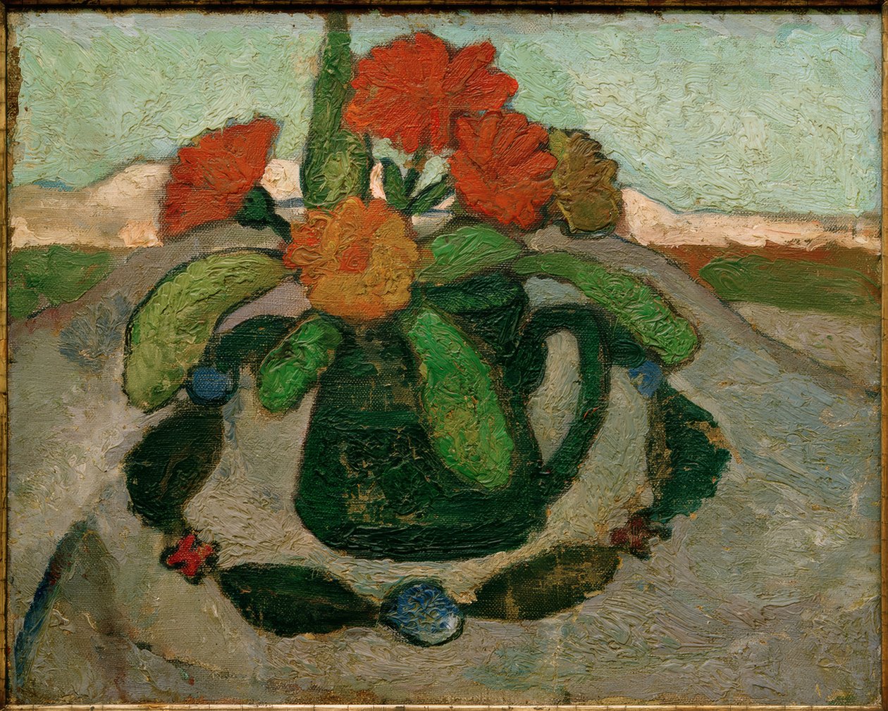 Natureza morta com malmequeres na frente da paisagem de Paula Modersohn Becker