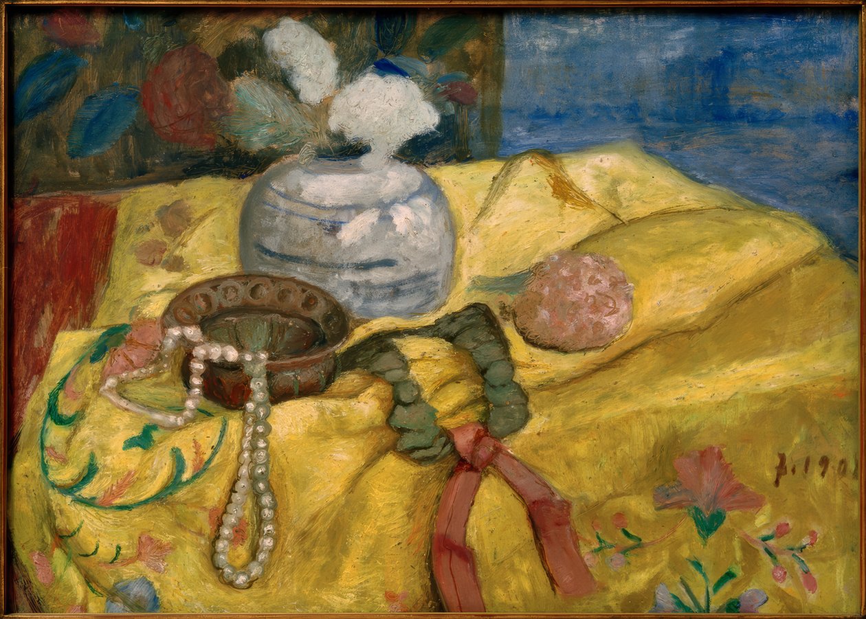 Natureza morta com cobertor amarelo e pote de gengibre com flores de Paula Modersohn Becker