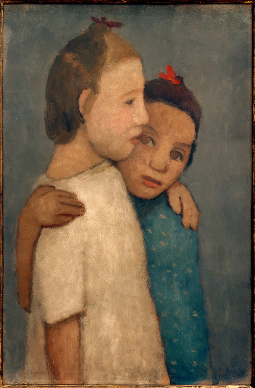 Duas garotas de vestido branco e azul, de pé na escola de Paula Modersohn Becker
