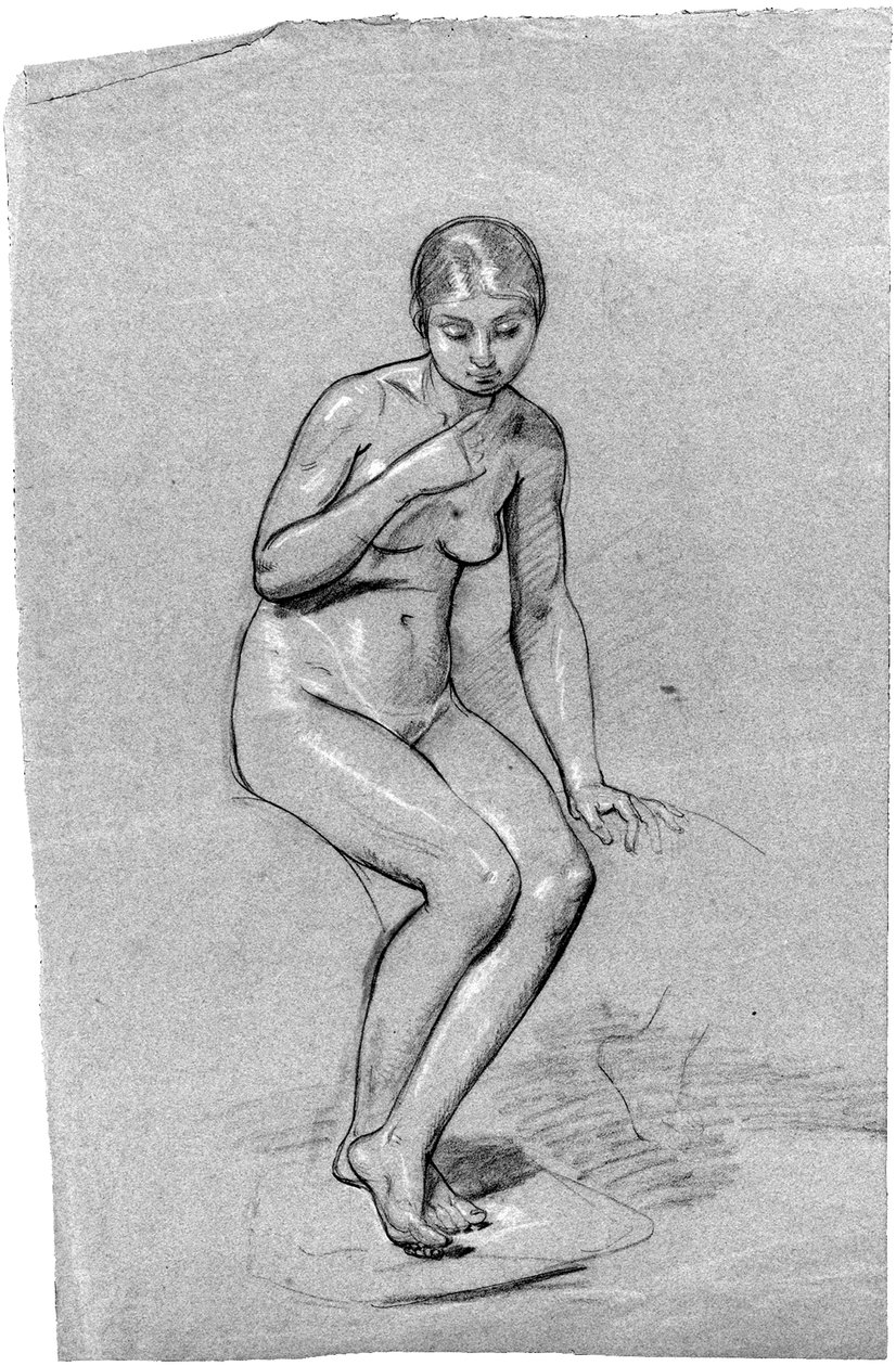 Uma mulher nua sentada, olhando para baixo (giz no papel) de Pauline Auzou