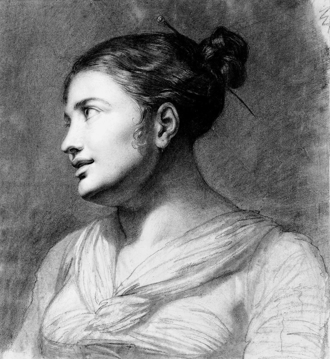 Retrato de uma menina, na altura do busto, virado três quartos para a esquerda (giz preto e branco em papel marrom claro) de Pauline Auzou