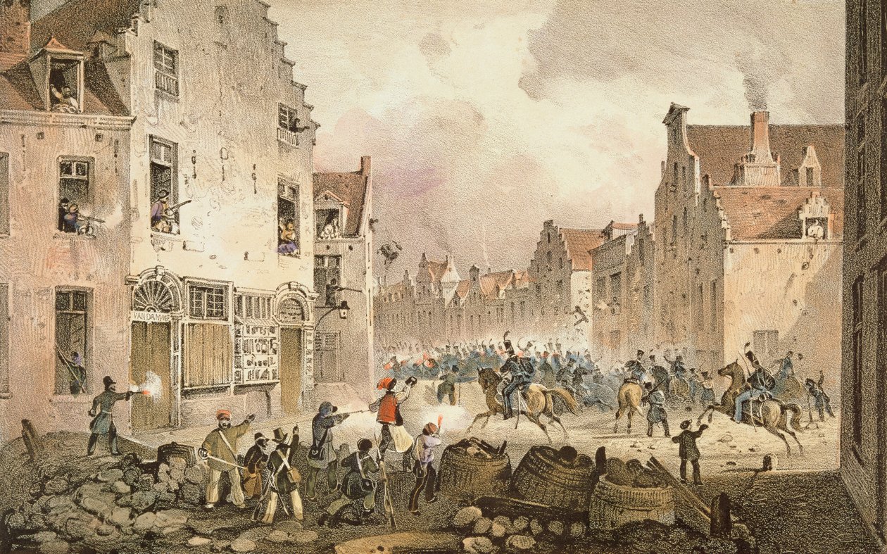 Combate e barricadas na Rue de Flandre, Bruxelas, 23 de setembro de 1830, gravado por Dewasme-Pletinckx de Paulus Lauters