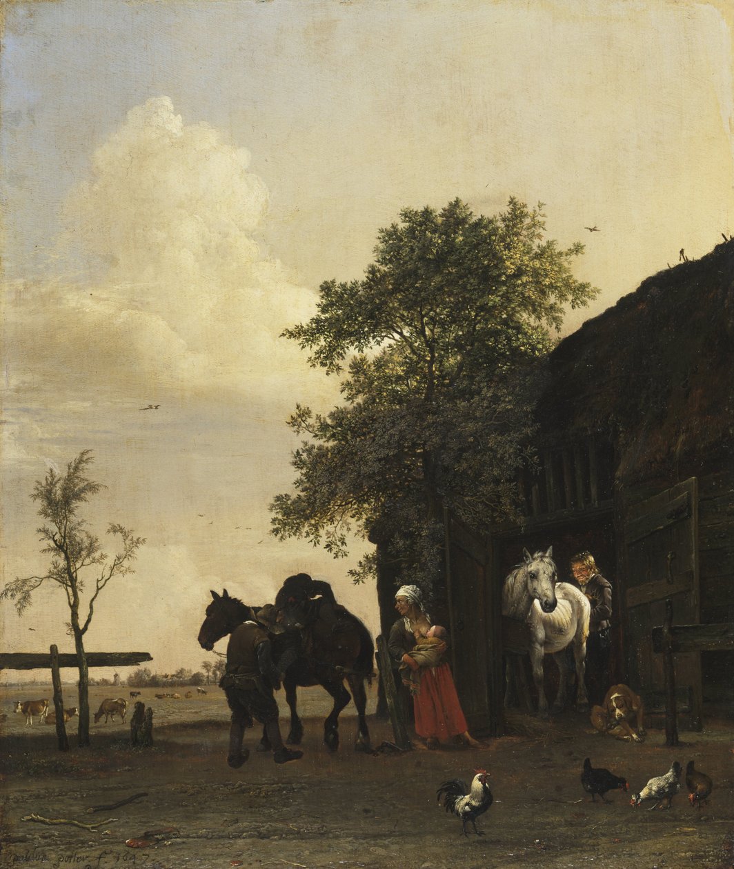 Figuras com cavalos por um estábulo de Paulus Potter